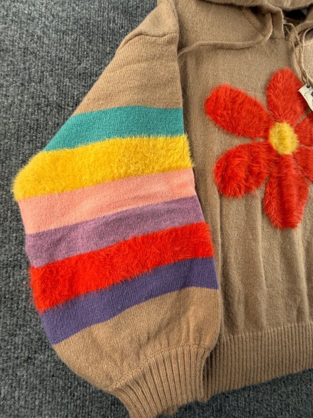 NWT Easel Sweater Beige Colorful Floral Soft Acrylic Blend Large Knit Hooded - Picture 2 of 15